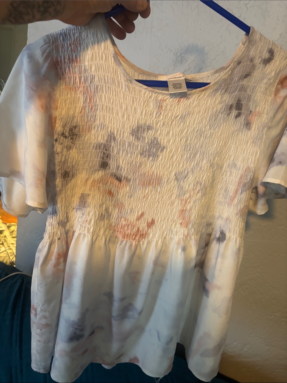 URBAN Romantics White Smocked Short Sleeve Tunic with Pastel Floral Wash